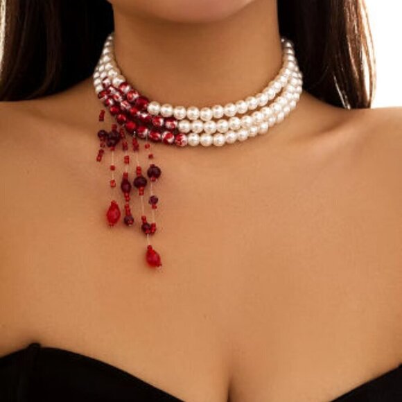 Vampire Bite Elegant Blood Droplets Pearl Collar Dripping Red Crystal Choker - Picture 1 of 5